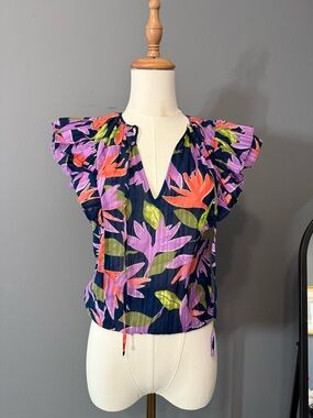 Ramy Brook Navy Floral Flutter-Sleeve V-Neck Top